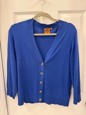 Tory Burch Cobalt Blue Logo-Button V-Neck Cardigan